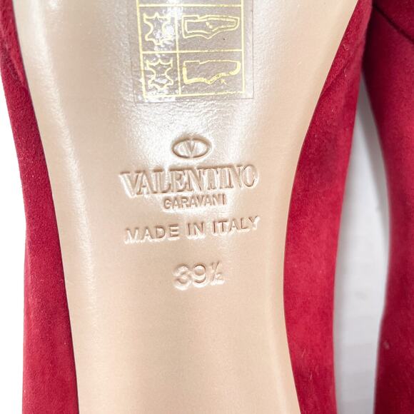 Valentino Pumps Red Suede Bow Stiletto Peep Toe Heels Sz 39.5 / 9.5 - Picture 11 of 12